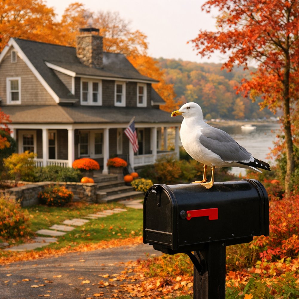 A home in Cold Spring Harbor NY during the fall season have a seagull on the mailbox-1