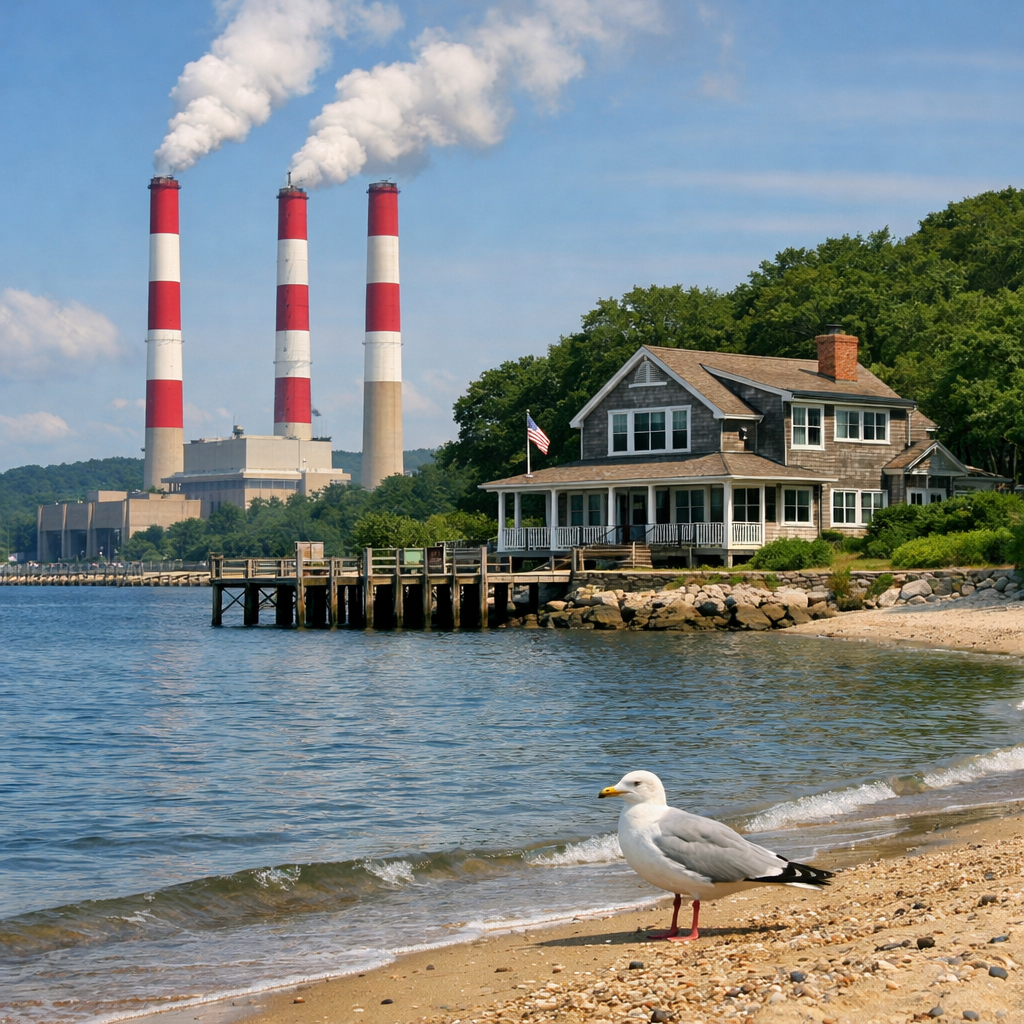 Create an image with a home on the shore  behind are smoke stack found in the North shore NY  add a seagull on the beach
