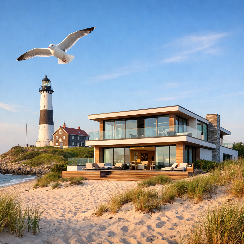 Modern Home on the long island beech behind is a light house a seagull flying above home Modern Home on the long island beech behind is a light house a seagull flying above home