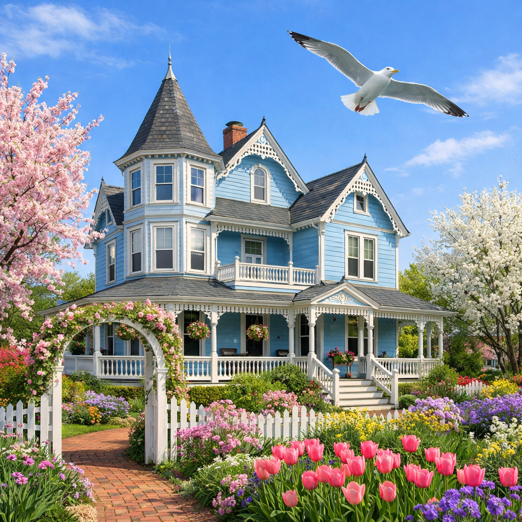 create a light blue victorine home in a spring setting with a seagull in the sky create a light blue victorine home in a spring setting with a seagull in the sky