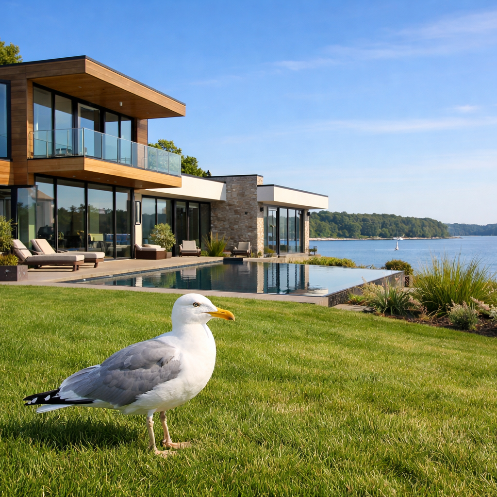 create an image with a modern home located in Mill Neck New York with a seagull on the lawn create an image with a modern home located in Mill Neck New York with a seagull on the lawn