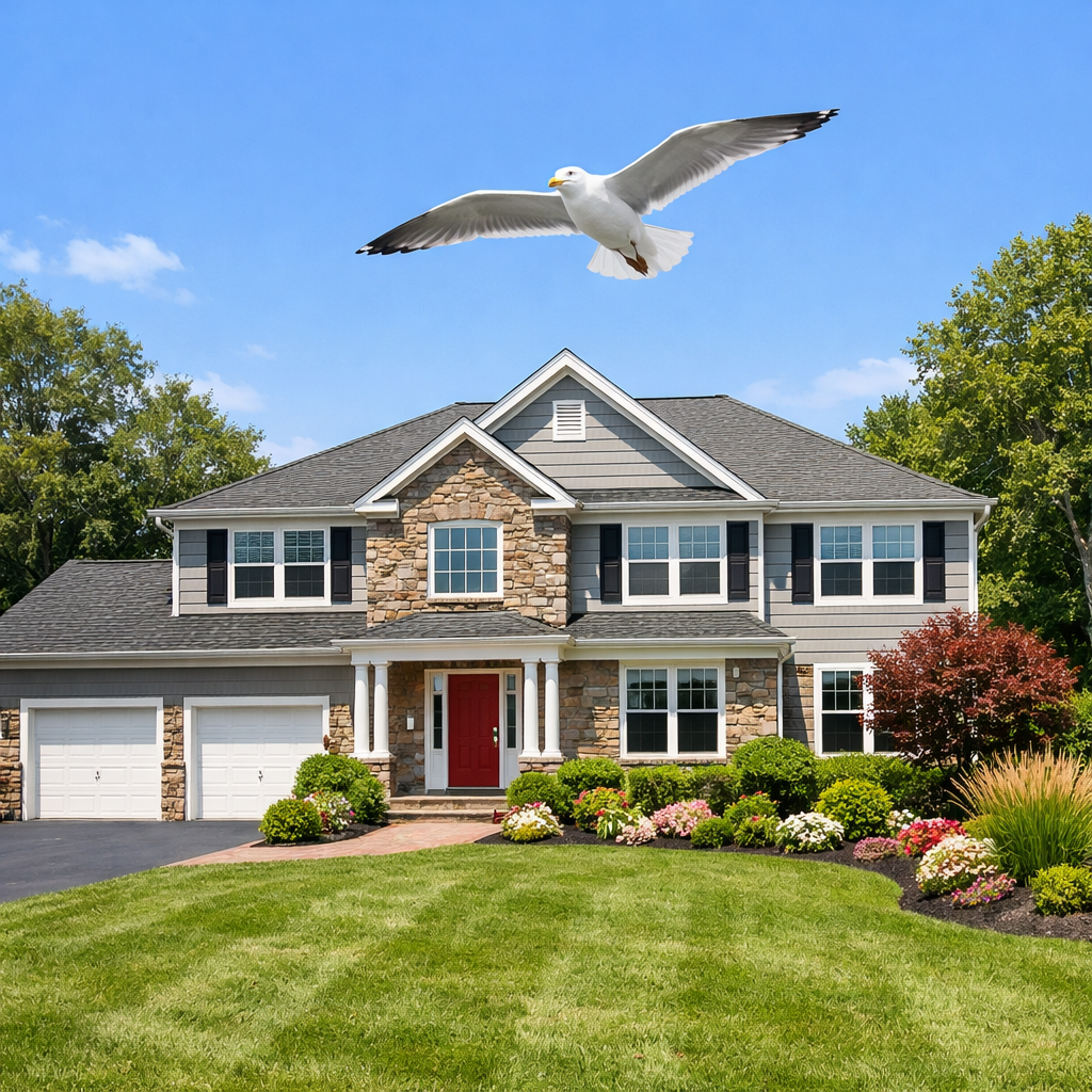 A home in Dix Hills NY Its summer time Have a seagull flying above the roof A home in Dix Hills NY Its summer time Have a seagull flying above the roof